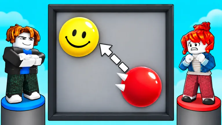 Official Ball VS Ball artwork: a red spiked ball aimed at a yellow smiley ball inside an arena, with two Roblox players watching