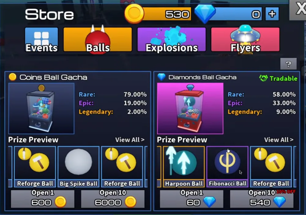 Ball VS Ball Store, Balls tab: Coins Ball Gacha costs 600 Coins for one pull and 6000 for ten, with Rare 79%, Epic 19%, Legendary 2%. Diamonds Ball Gacha costs 60 Diamonds for one pull and 540 for ten, with Rare 58%, Epic 33%, Legendary 9%.